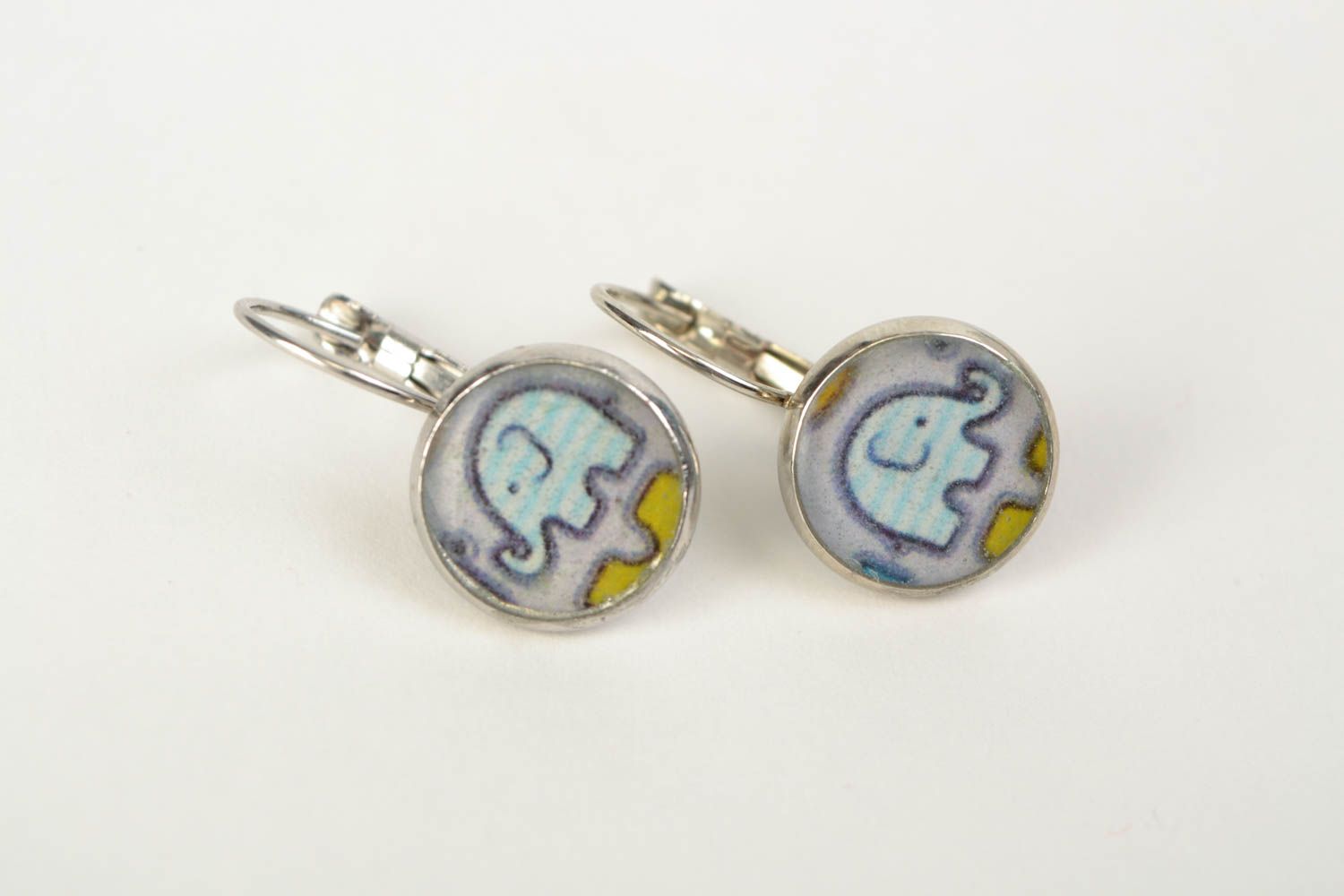 Handmade earrings with decoupage print coated with jewelry resin Elephants photo 3