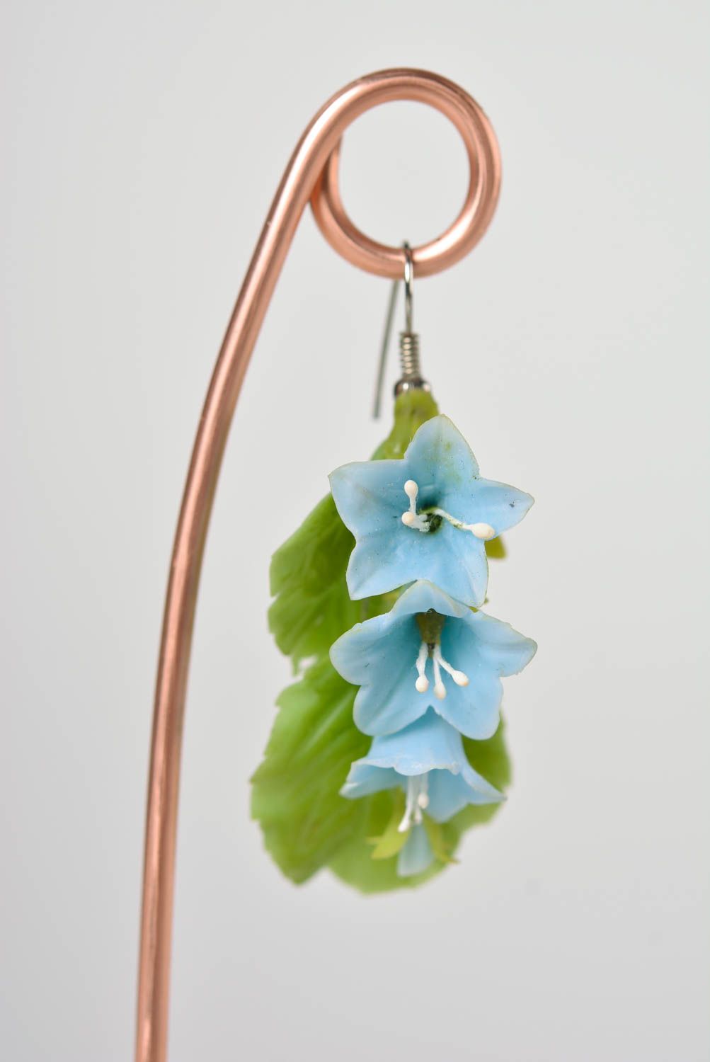 Long designer dangling earrings hand made of polymer clay blue flowers photo 5