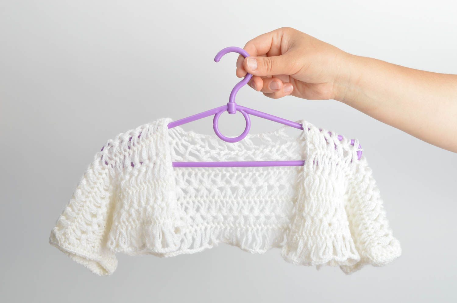 Handmade designer festive white lacy crocheted bolero for baby girl photo 2