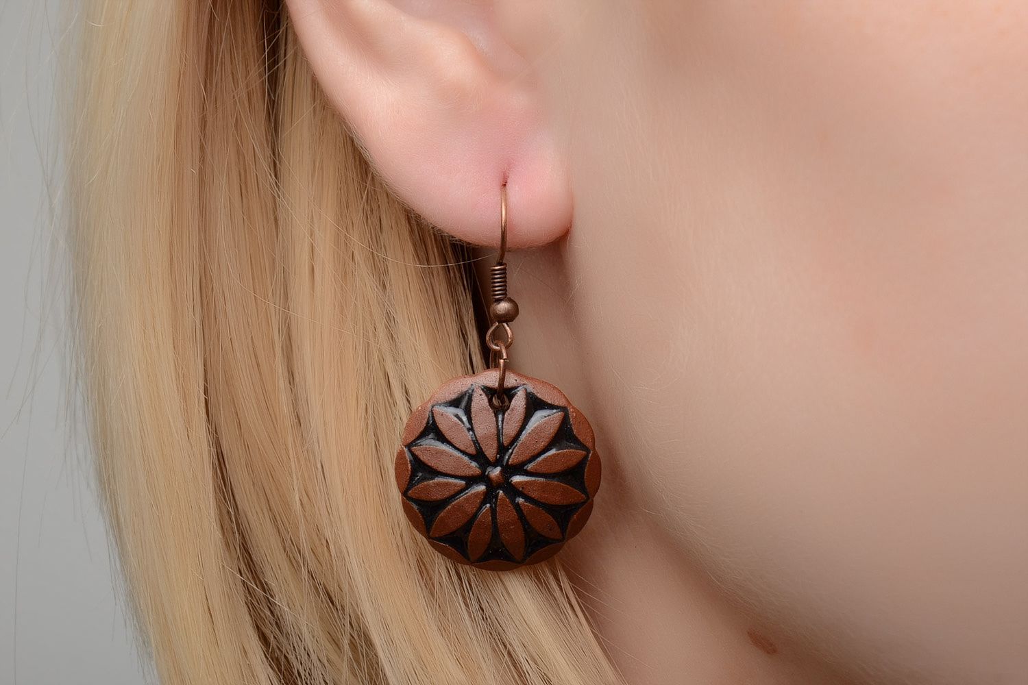 Handmade round ceramic dangle earrings molded of brown clay in ethnic style  photo 2