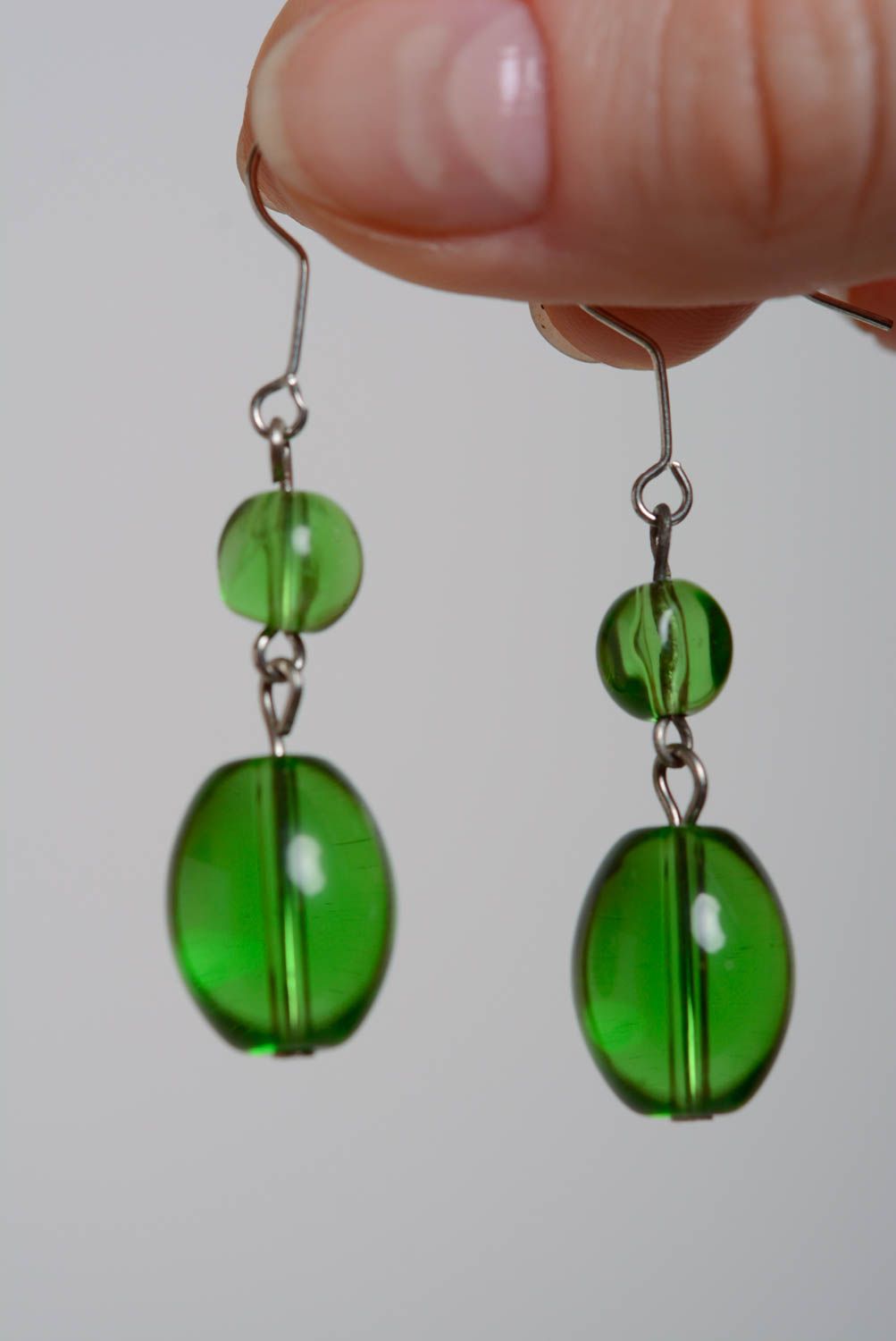 Handmade designer earrings made of glass beads long beautiful green jewelry photo 5