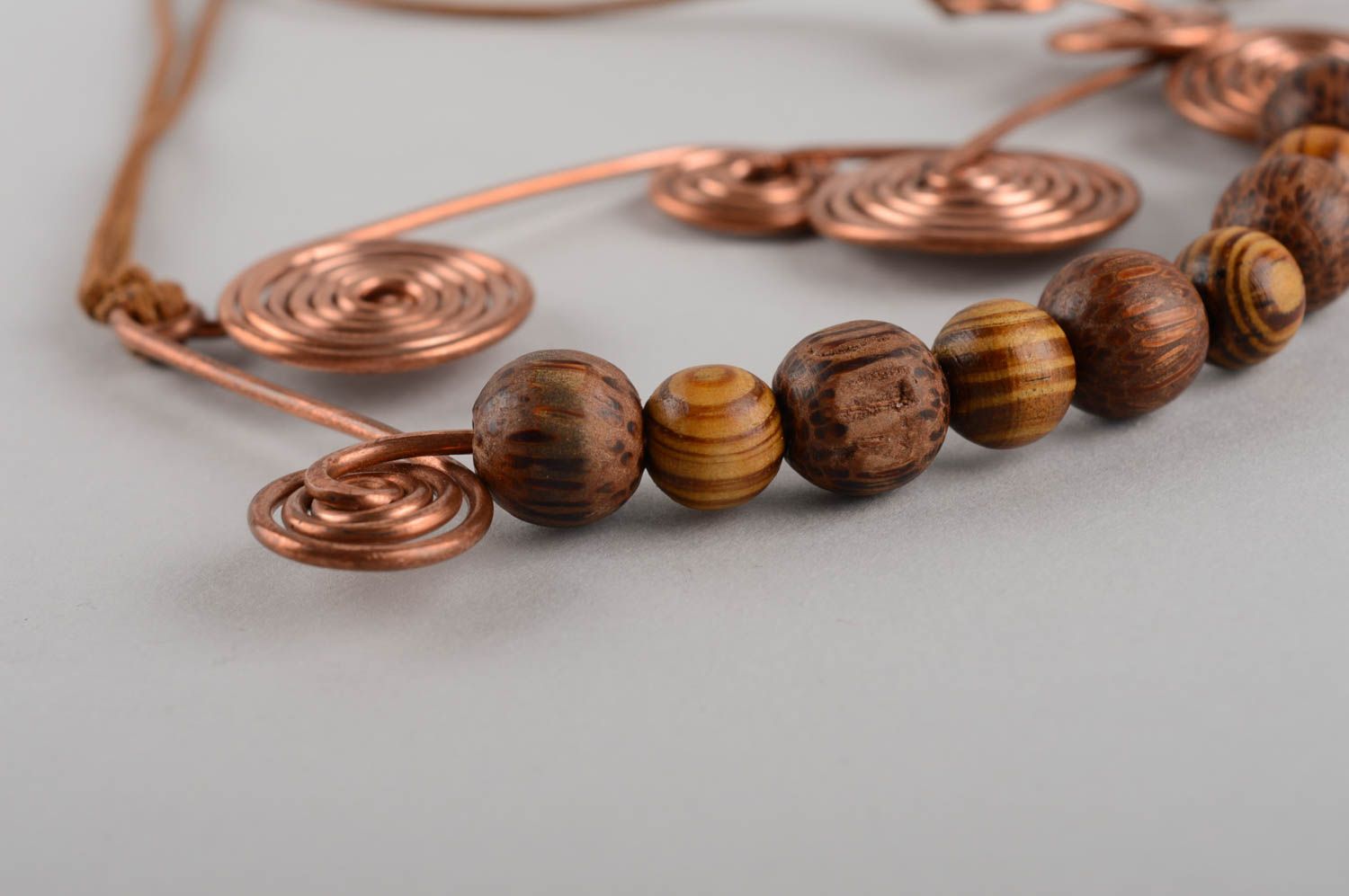 Beautiful women's handmade design pendant with wooden beads and copper elements photo 5