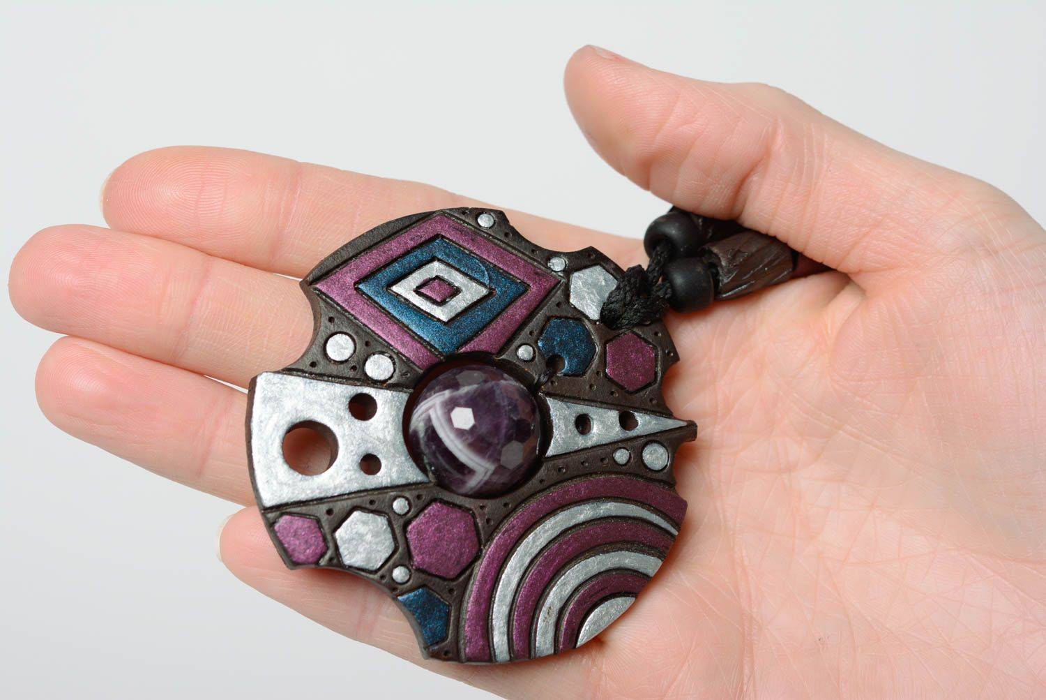 Handmade designer pendant made of clay and painted with colored enamel with bead photo 3