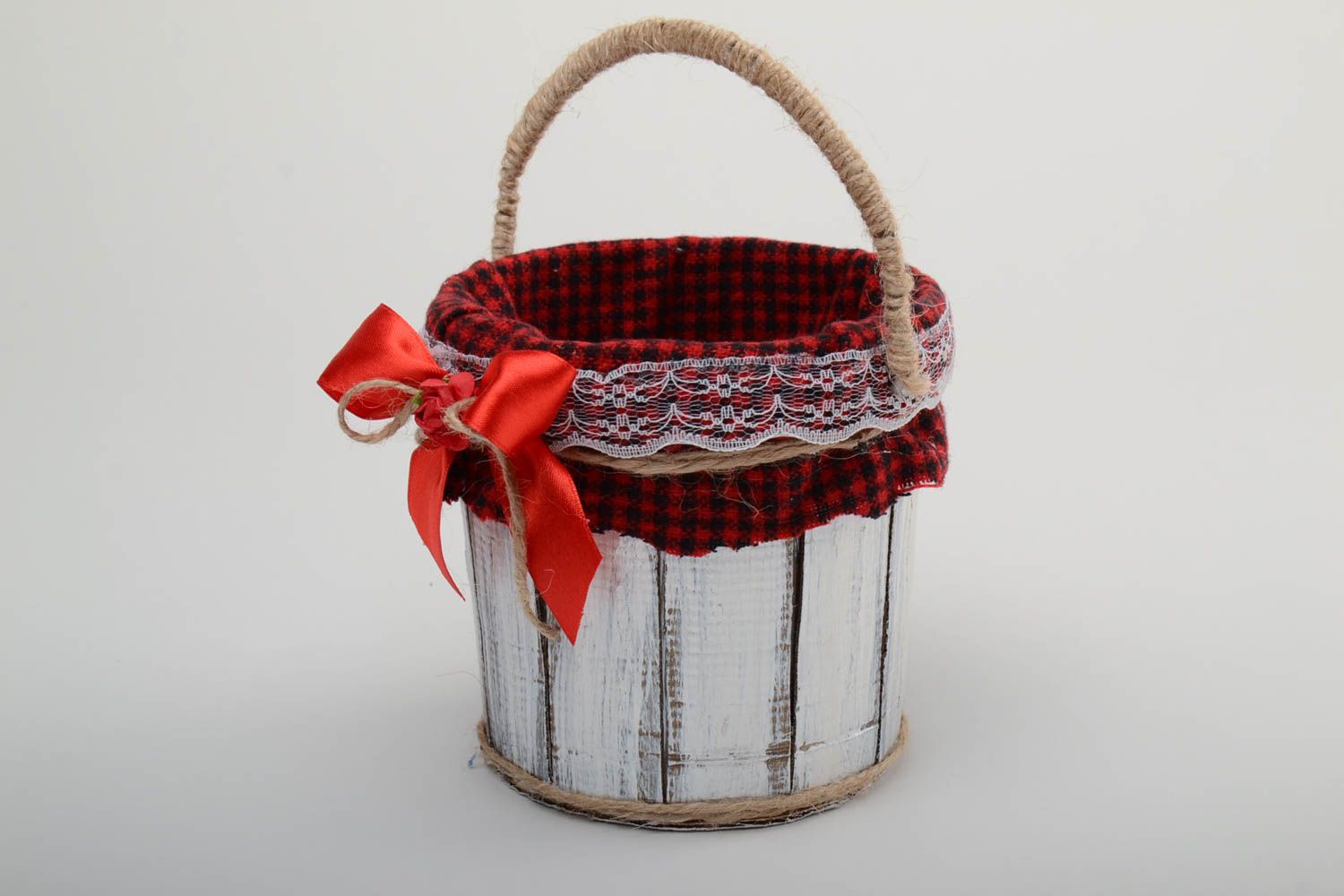 Handmade small decorative bucket with red fabric inside with bow and lace  photo 2