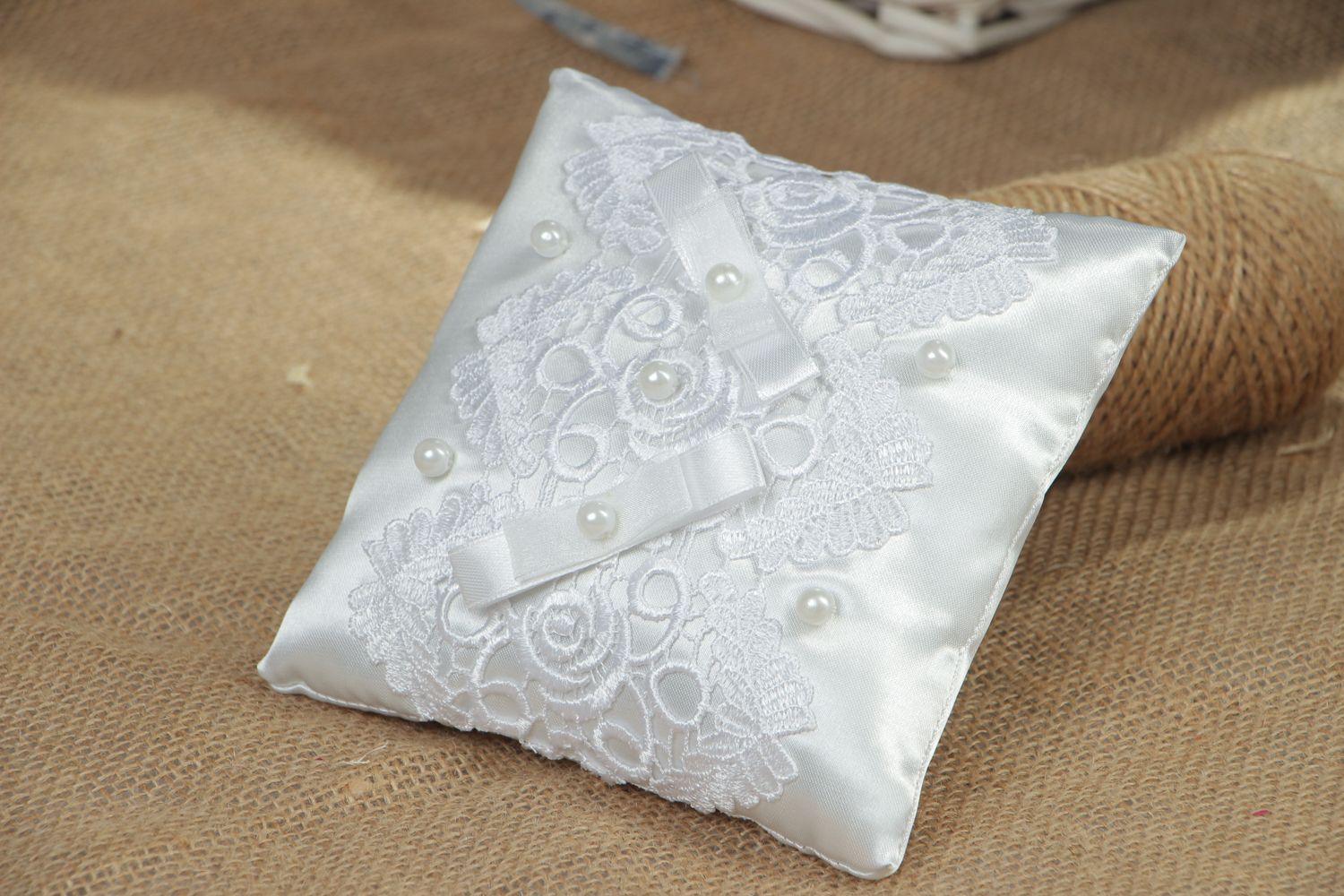 White satin wedding ring pillow photo 5