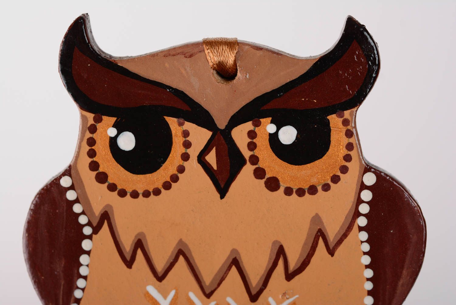 Handmade wall hanging decoration with acrylic painting on eyelet Brown Owl photo 2