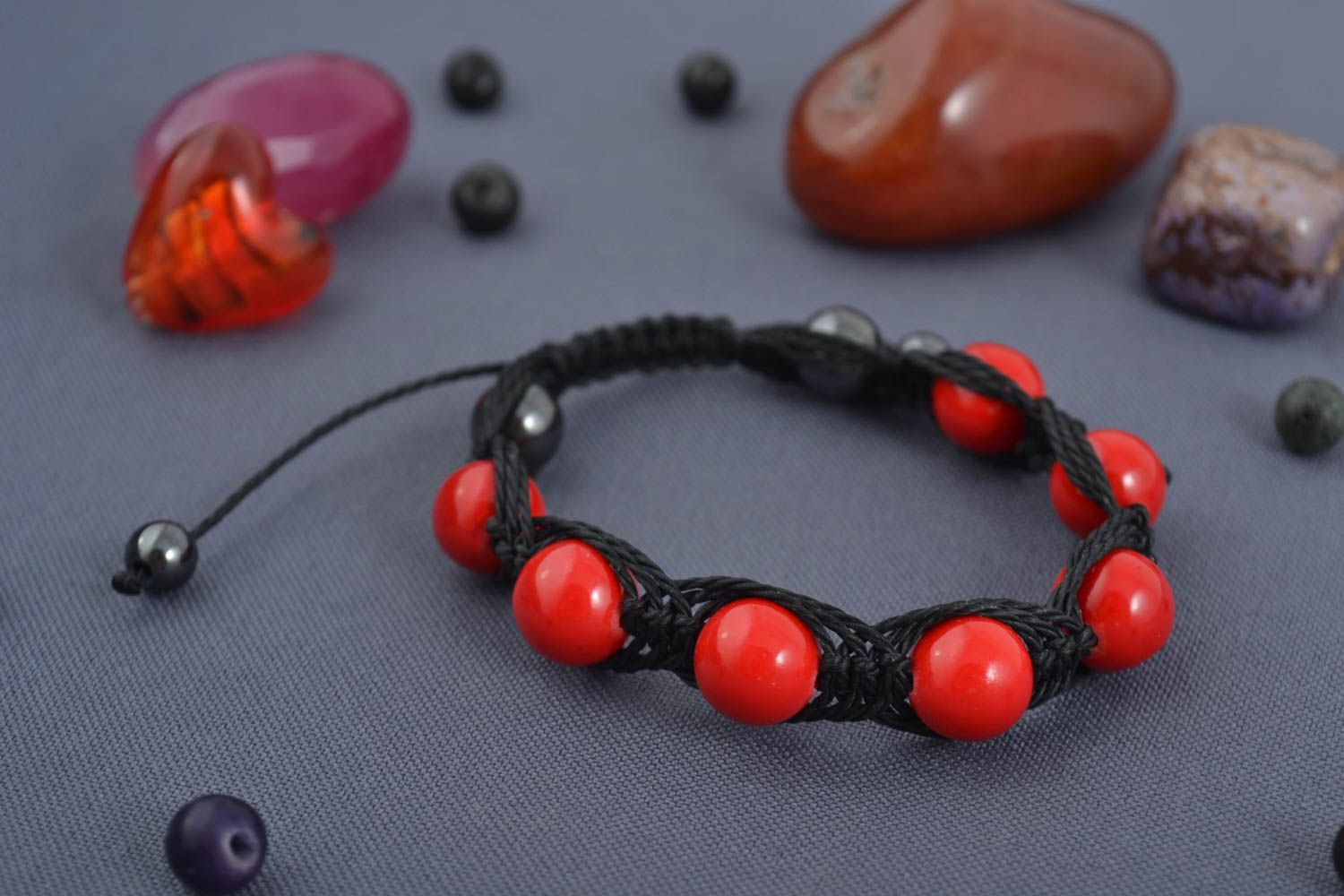 Strand large red beads handmade Shambala bracelet in black cord for women photo 1