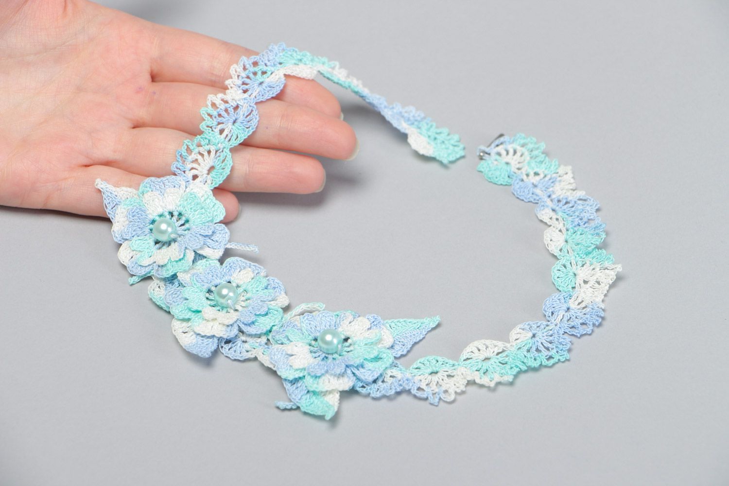 Handmade tender floral necklace crocheted of blue cotton threads with beads photo 5