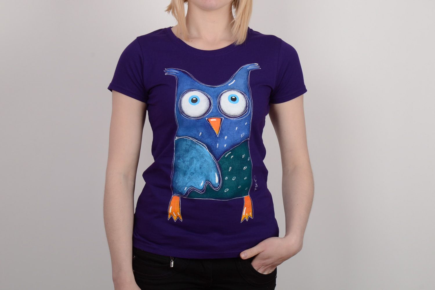 Unusual handmade cotton T-shirt with owl image photo 1