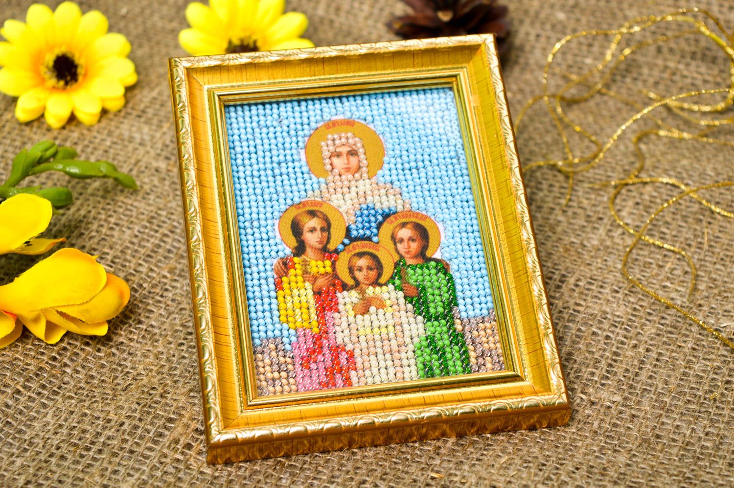 Икона ручной работы православная икона вышитая бисером икона святых красивая фото 1