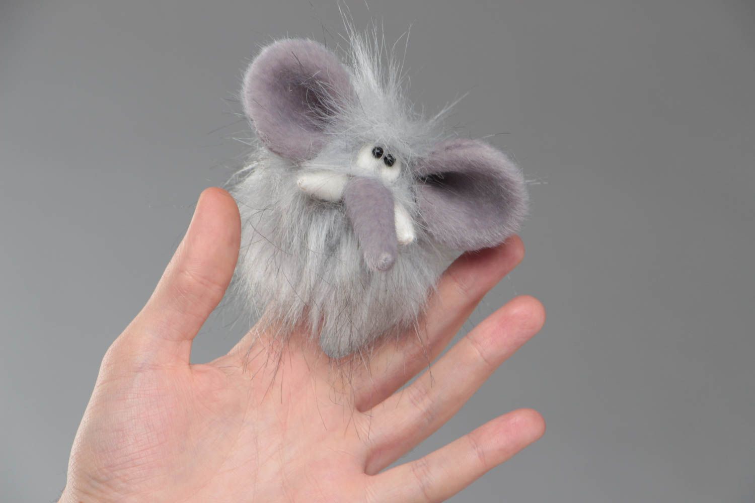 Handmade small soft animal finger puppet sewn of faux fur funny elephant photo 5