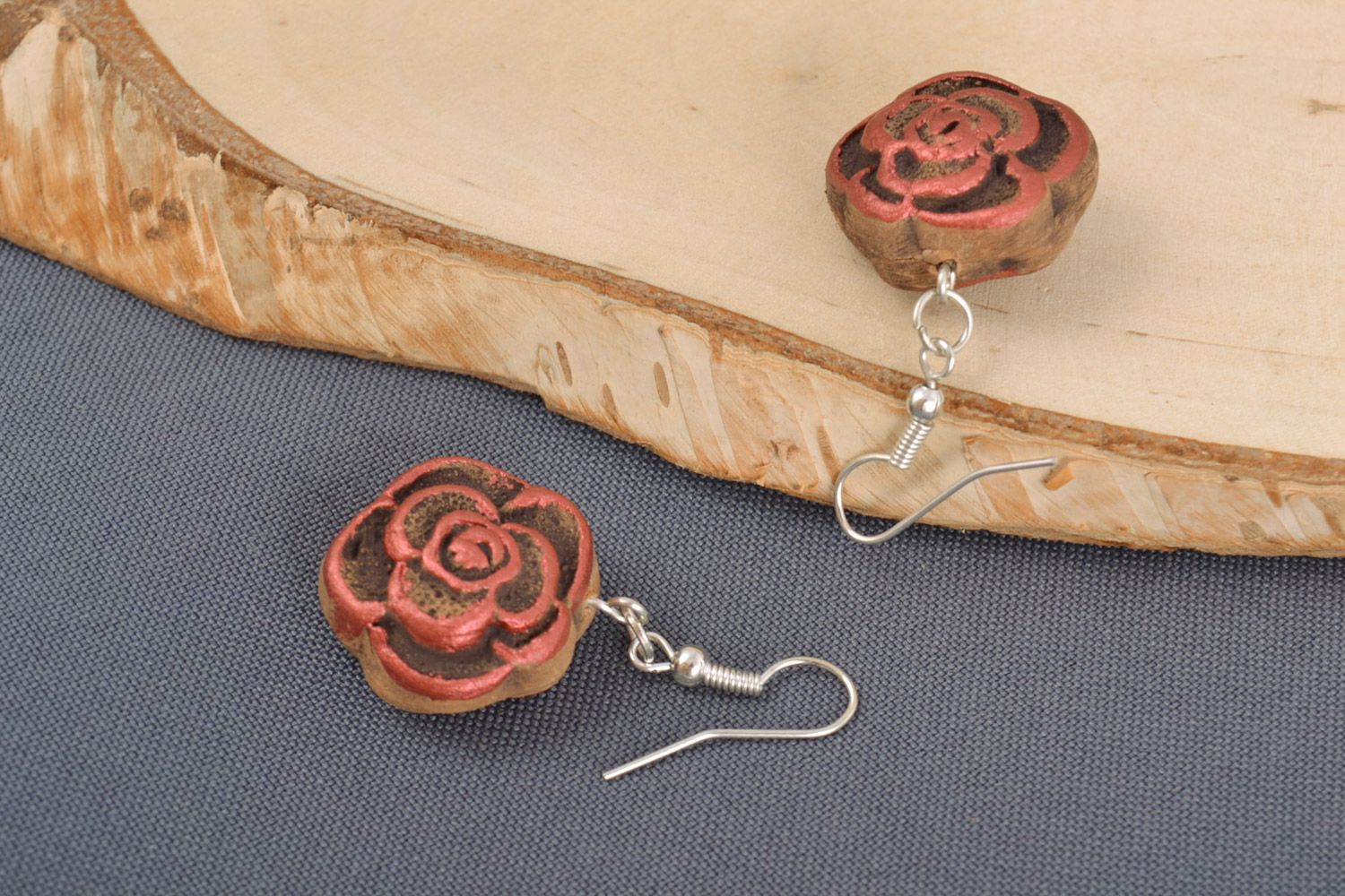 Handmade small brown ceramic dangling earrings painted with acrylics Flowers photo 1