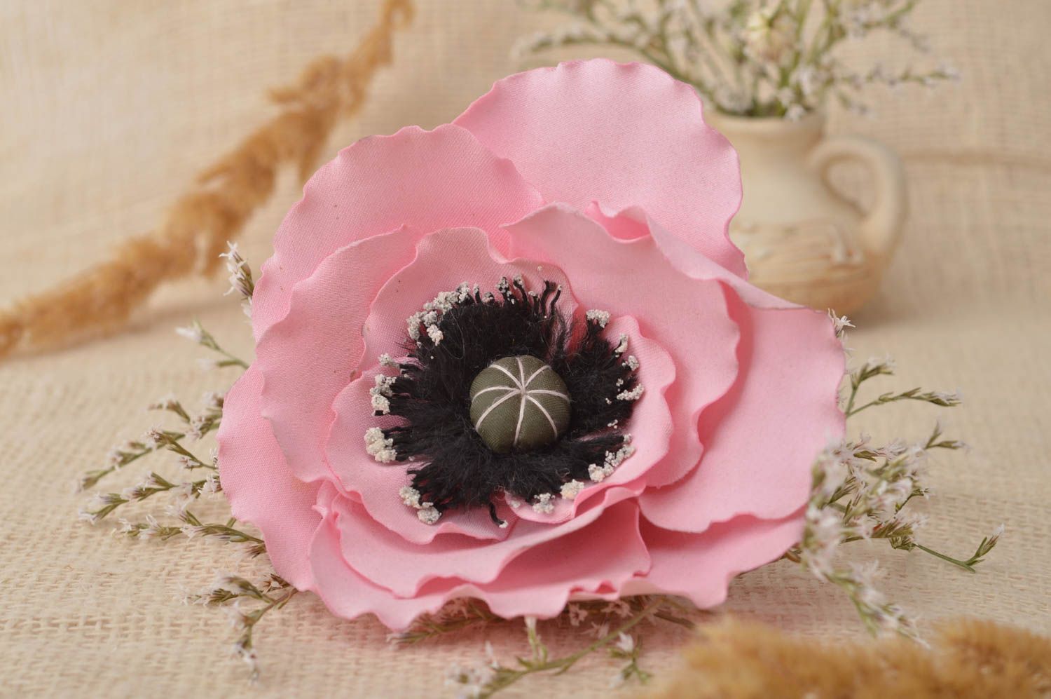 Broche fleur pavot rose Pince à cheveux faite main Bijou femme satin métal mode photo 1