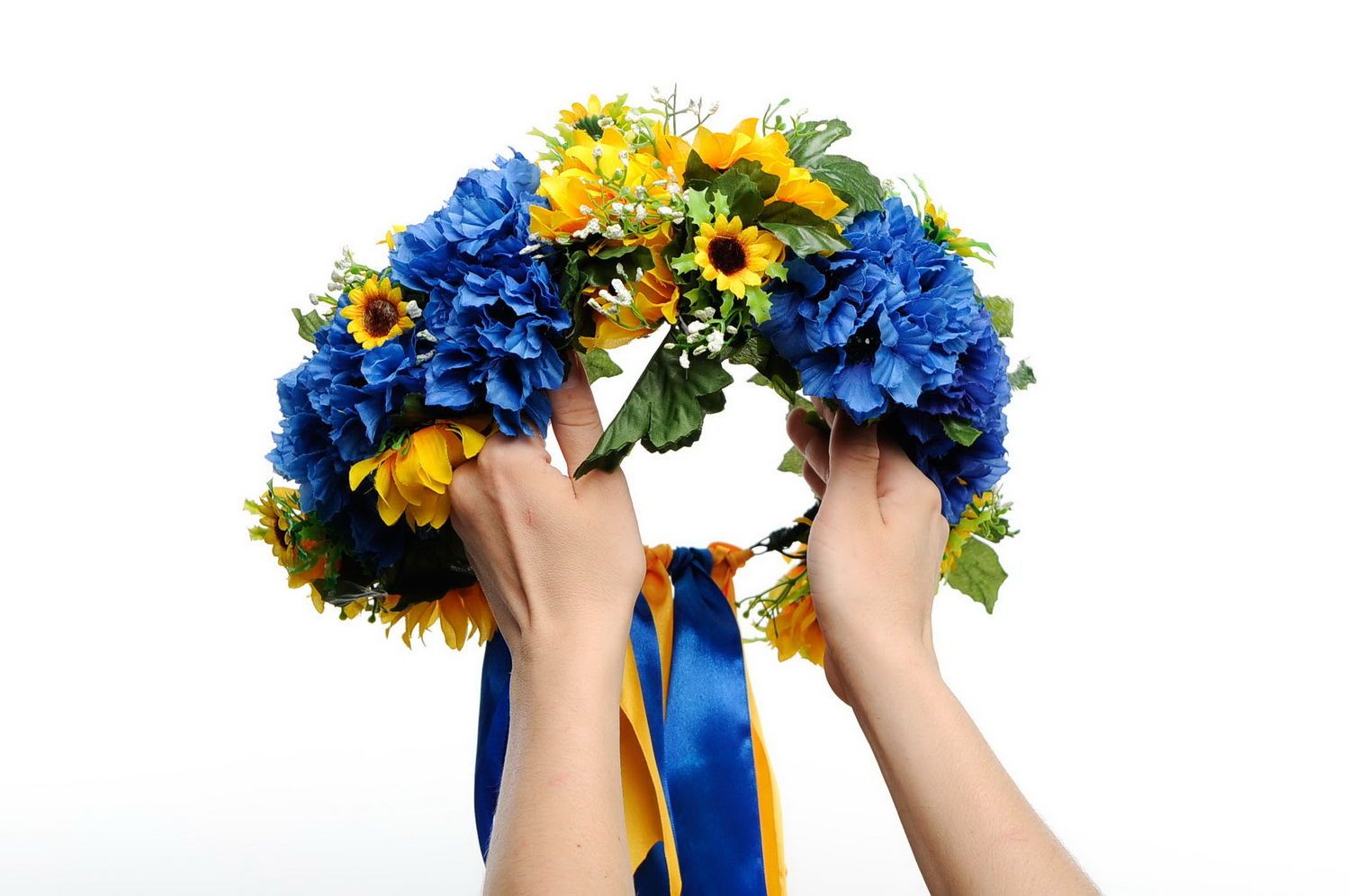 Couronne de fleurs artificielles et ruban Jaune et bleu  photo 4