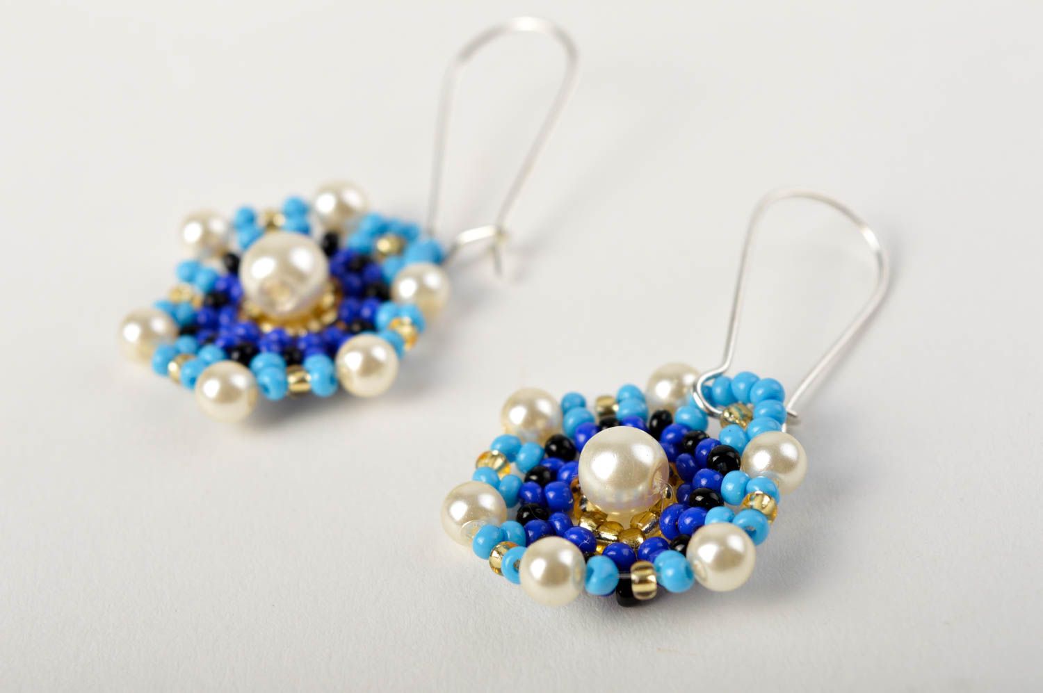 Handmade long beaded earrings stylish blue earrings designer bright jewelry photo 4