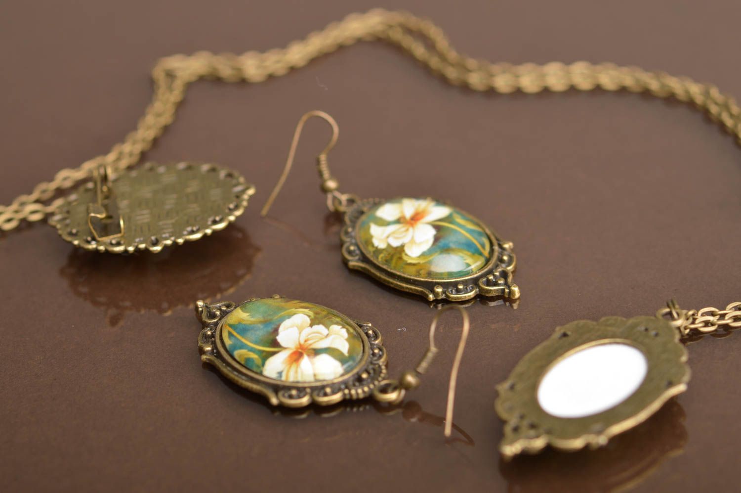 Ensemble de bijoux en métal ovales vintage floraux faits main 3 pièces photo 5
