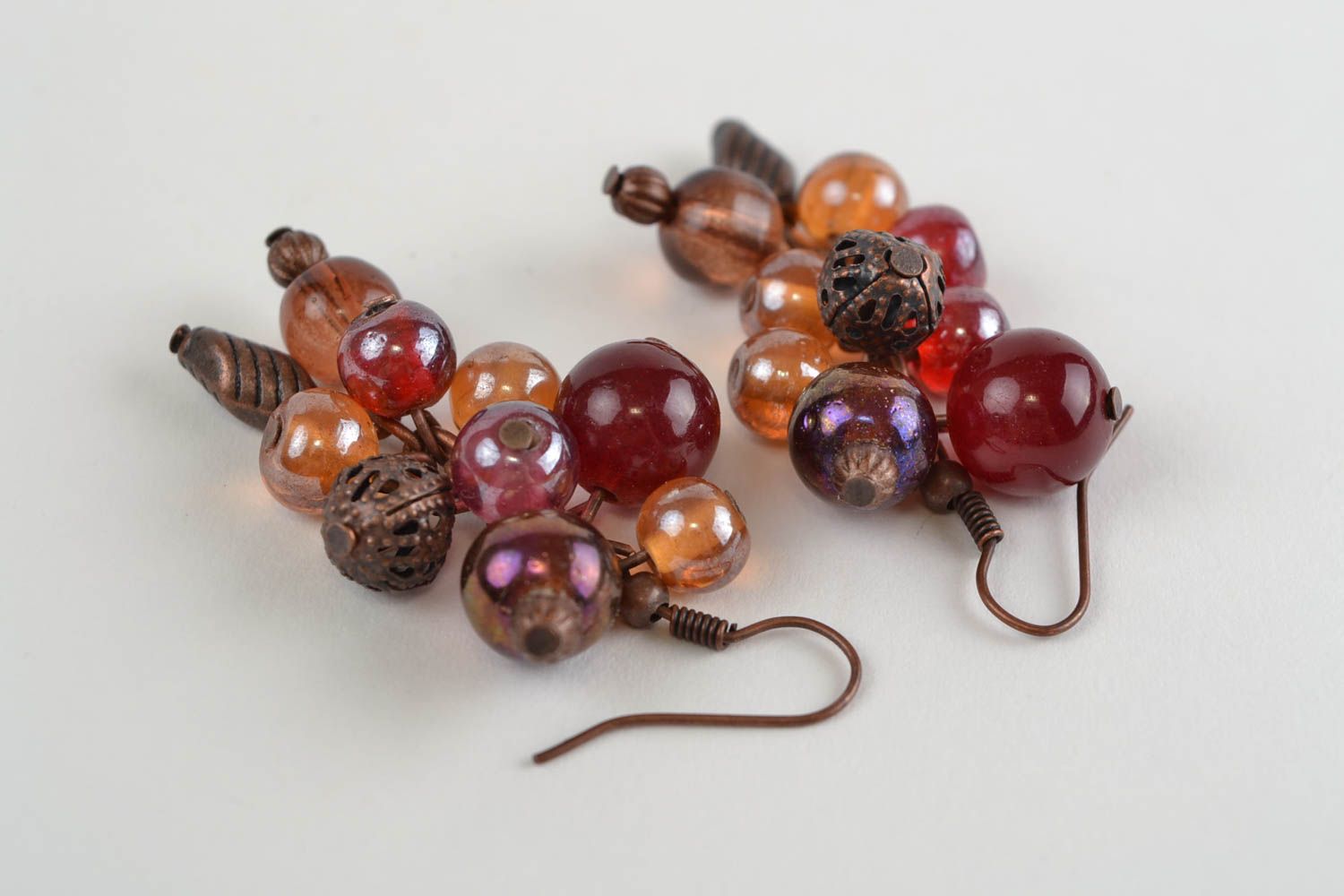 Handmade designer dangling earrings with coral and glass beads brown stylish photo 4