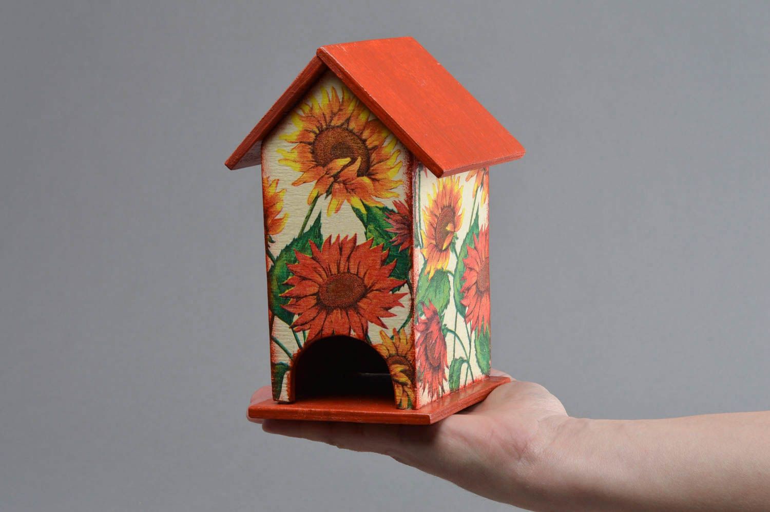 Colorful handmade decoupage house for tea bags with sunflowers photo 4