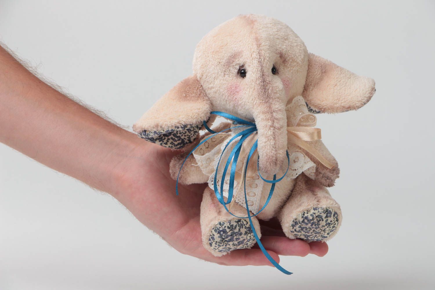 Handmade designer soft toy sewn of viscose fabric beige elephant for kids photo 5