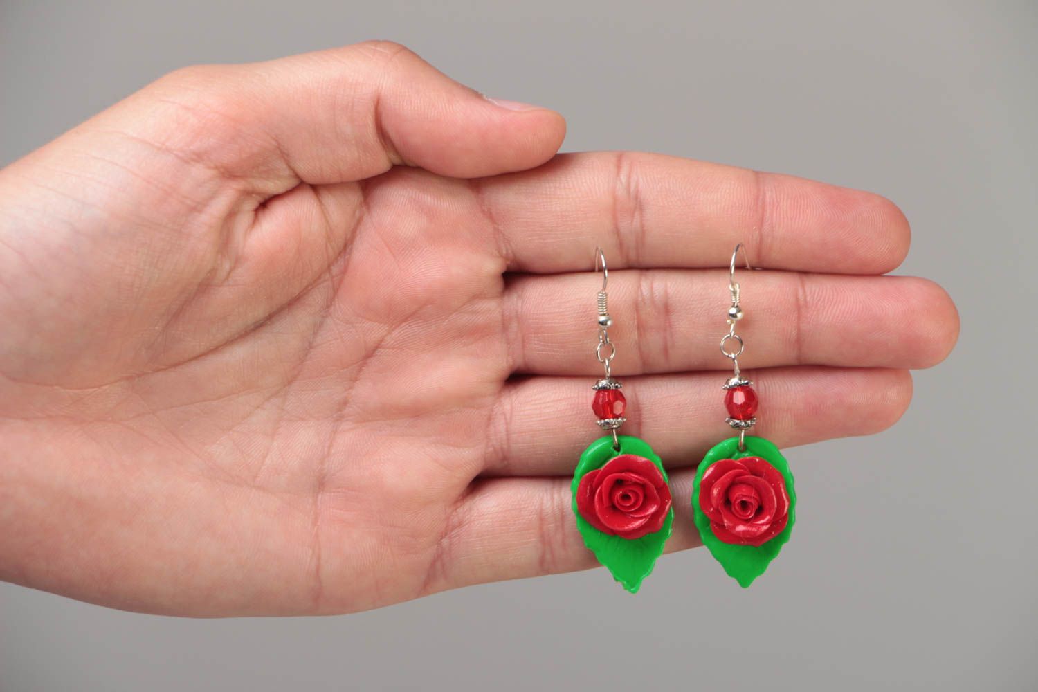 Handmade designer festive polymer clay dangling earrings with red flowers  photo 5