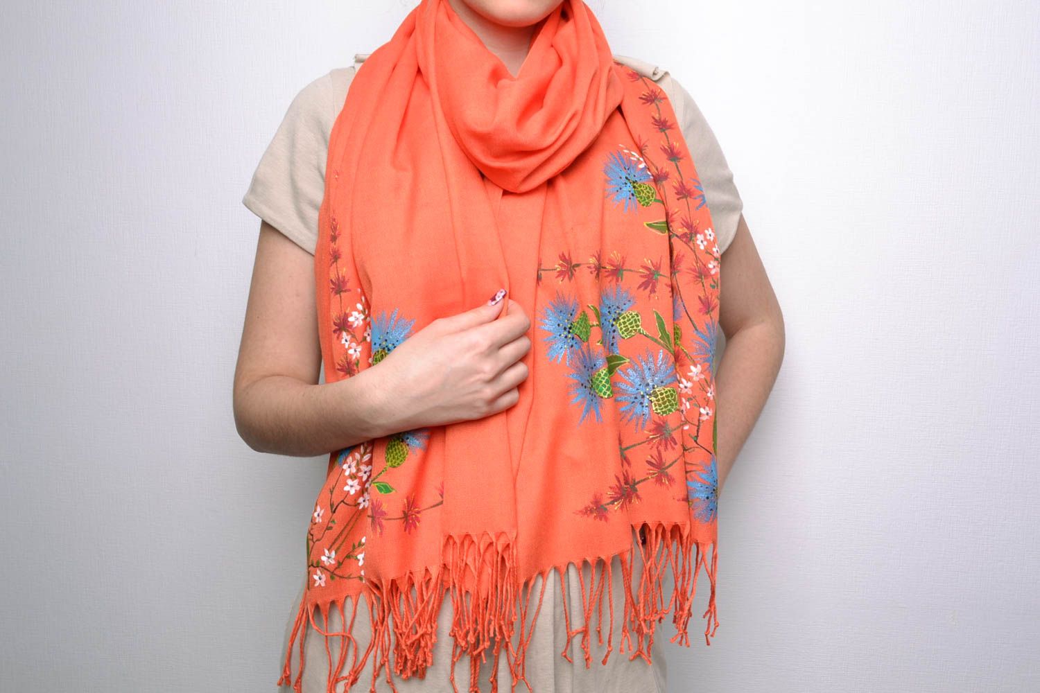 Bright cashmere scarf with flowers handmade painting photo 1