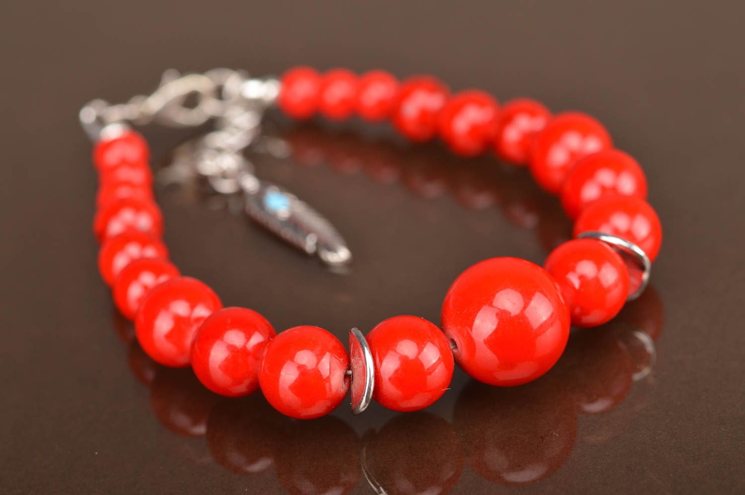 Handmade designer red bright ball charm bracelet with large beads and silver charms photo 3