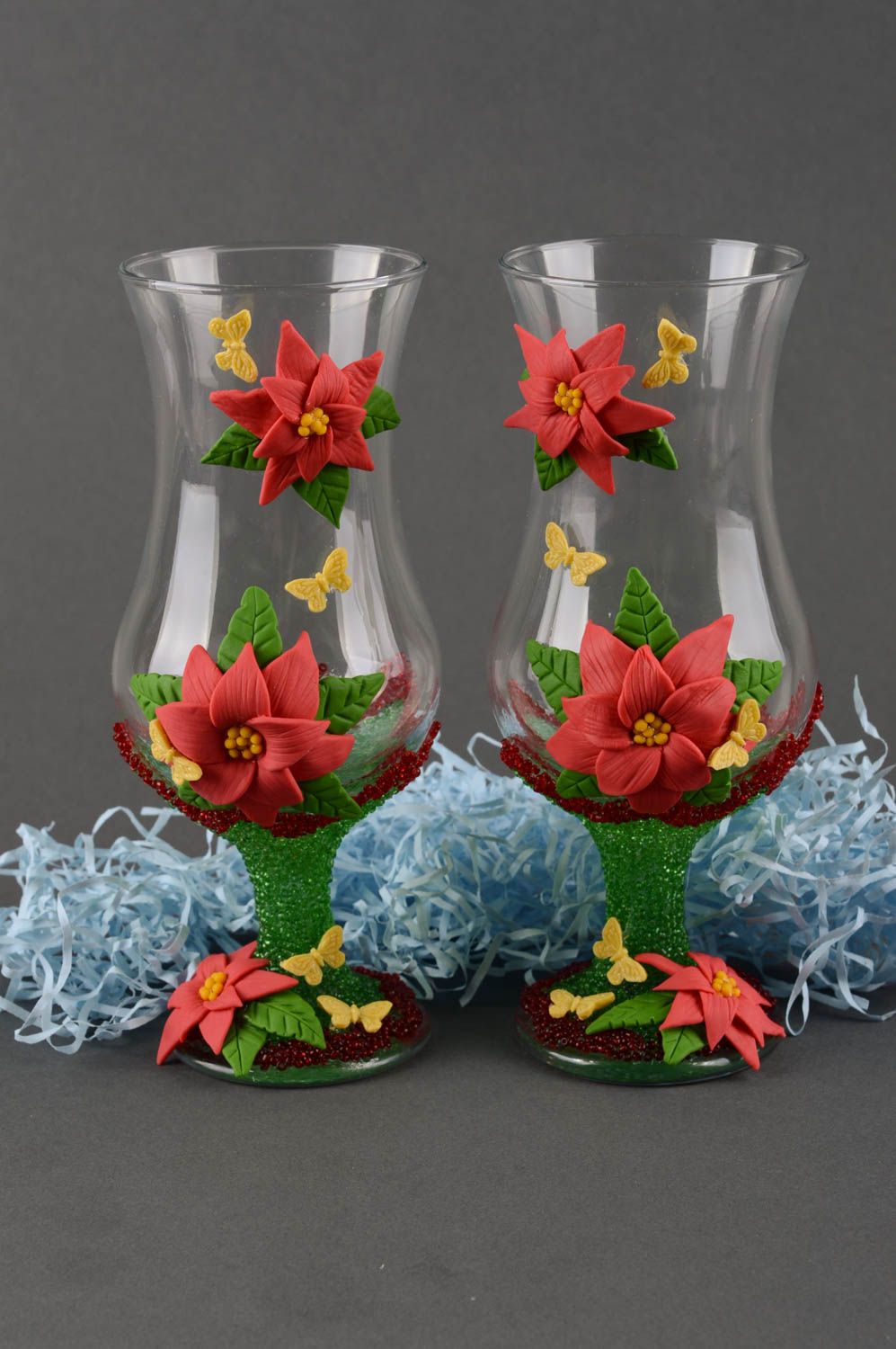 Verres à pied Vaisselle en verre fait main Cadeau mariage avec fleurs 2 pièces photo 1
