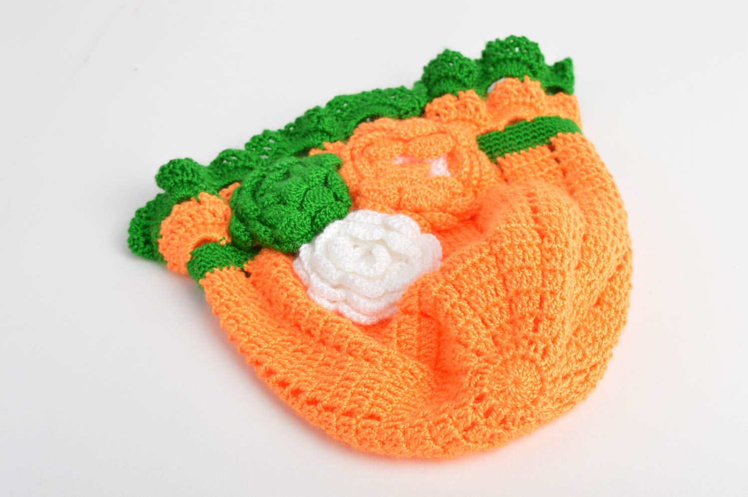 Bonnet tricot fait main Chapeau au crochet Accessoire pour fille orange vert photo 4