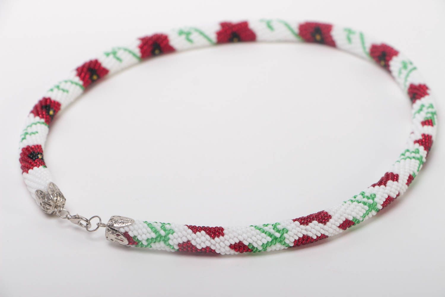Handmade beaded cord necklace accessories with red flowers white jewelry photo 4