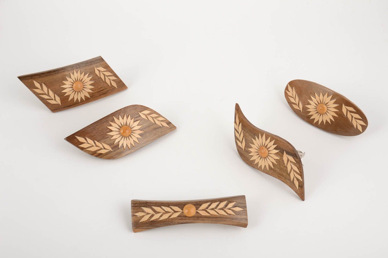Cute hair jewelry Handmade designer brown wooden barrettes set 5 pieces of different shapes photo 3