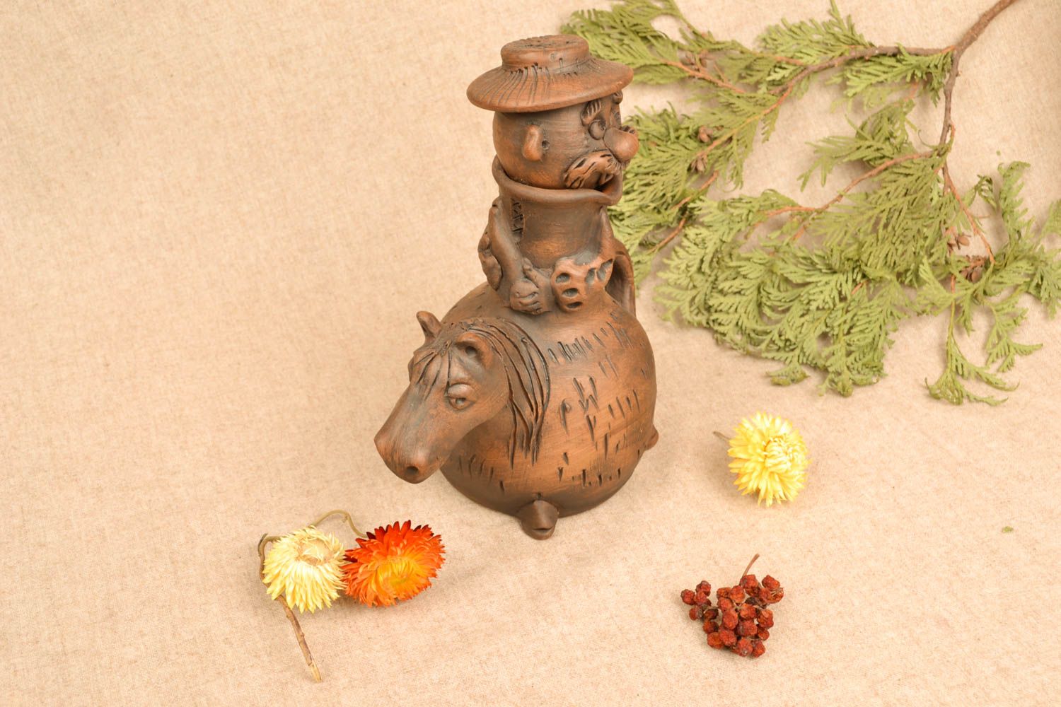 10 oz ceramic wine carafe pitcher Man on Horse handmade pottery 1,5 lb photo 5