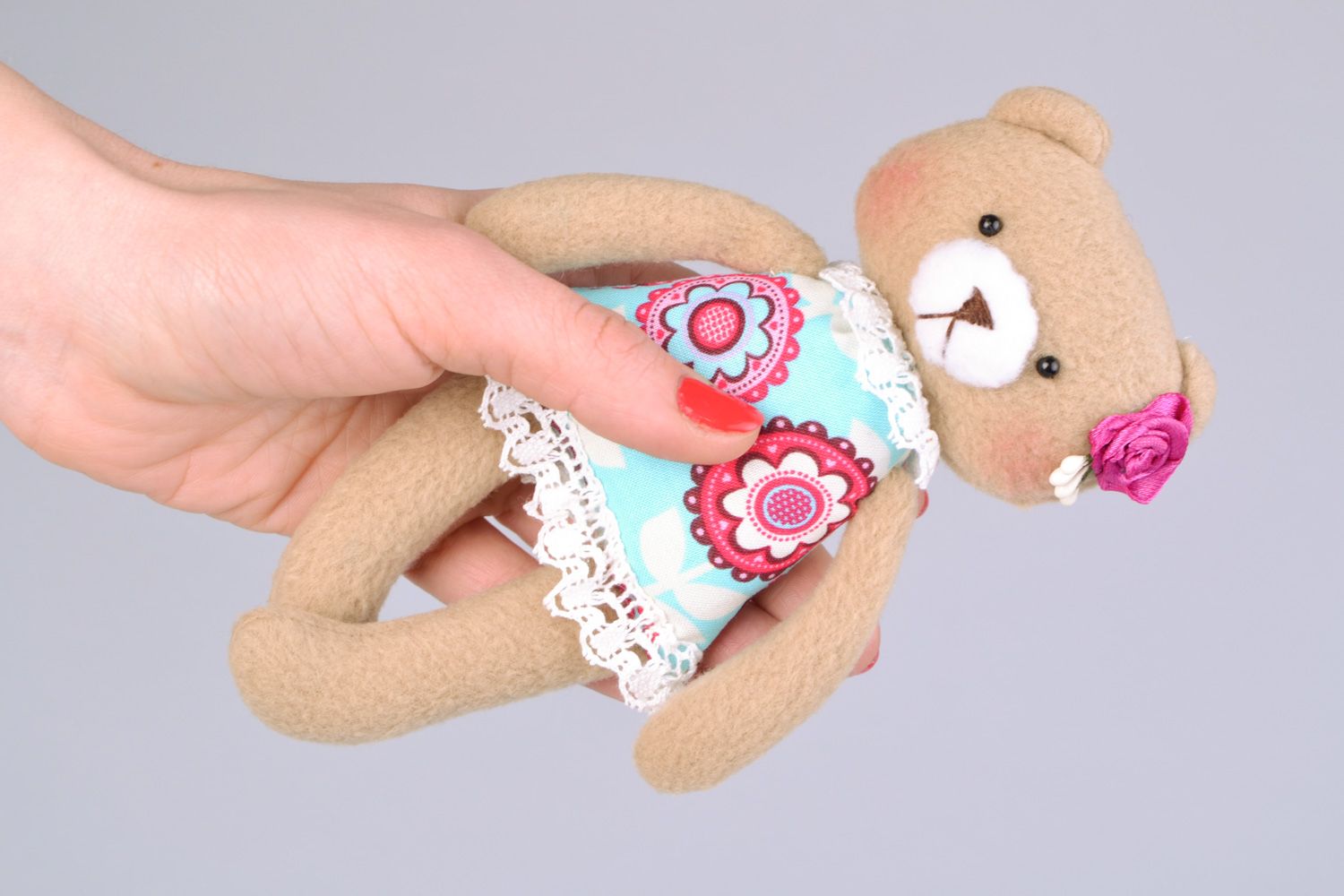 Handmade small designer fabric soft toy bear girl with pink flower photo 2