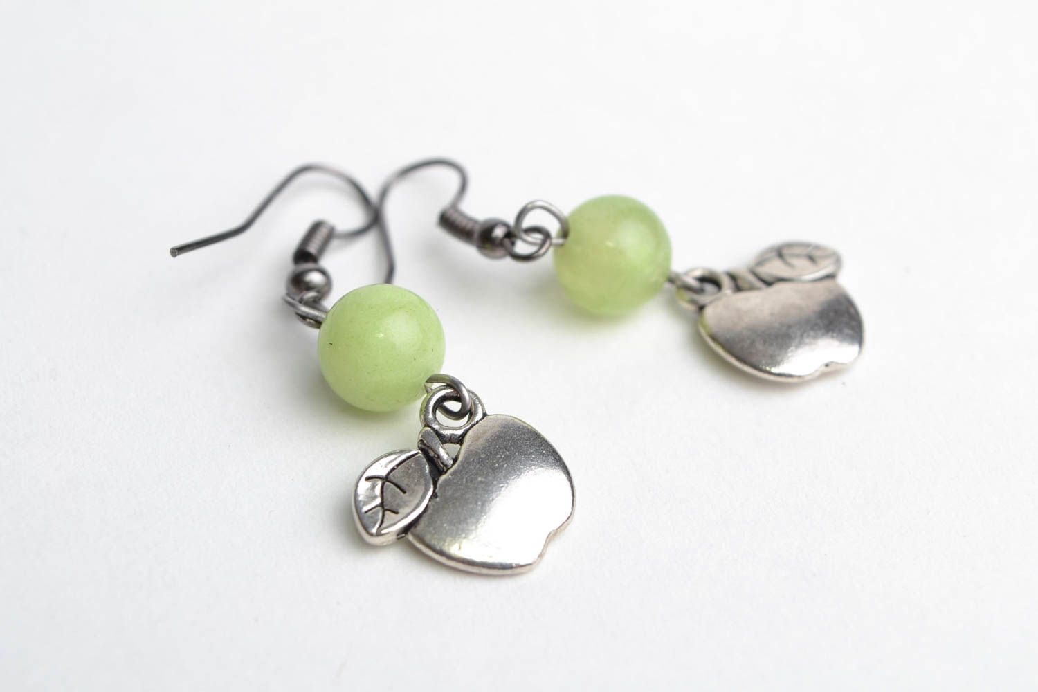 Handmade designer dangling earrings with natural agate and metal charms Apples photo 4