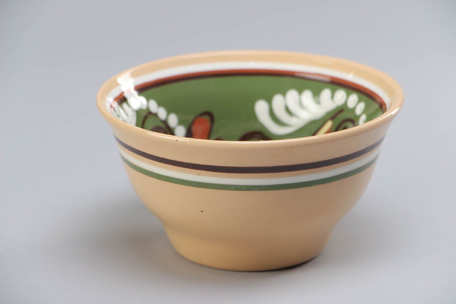Handmade decorative ceramic bowl painted in green and brown colors 250 ml photo 2