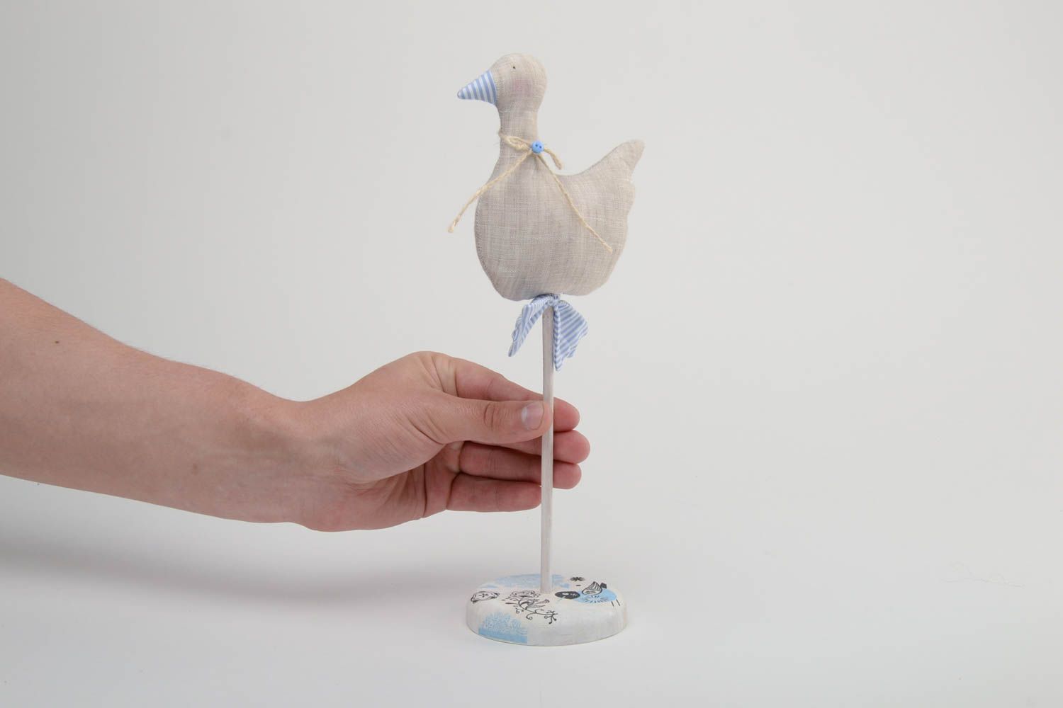 Handmade fabric soft figurine of bird on wooden stand for interior decoration photo 5