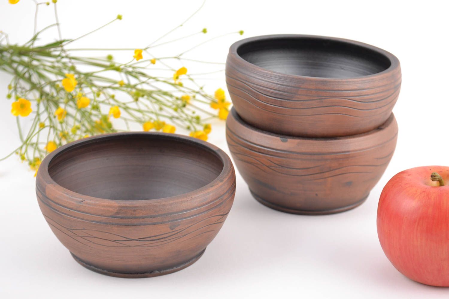 Set of 3 dark brown ceramic bowls kilned with milk 400 ml for table setting photo 1