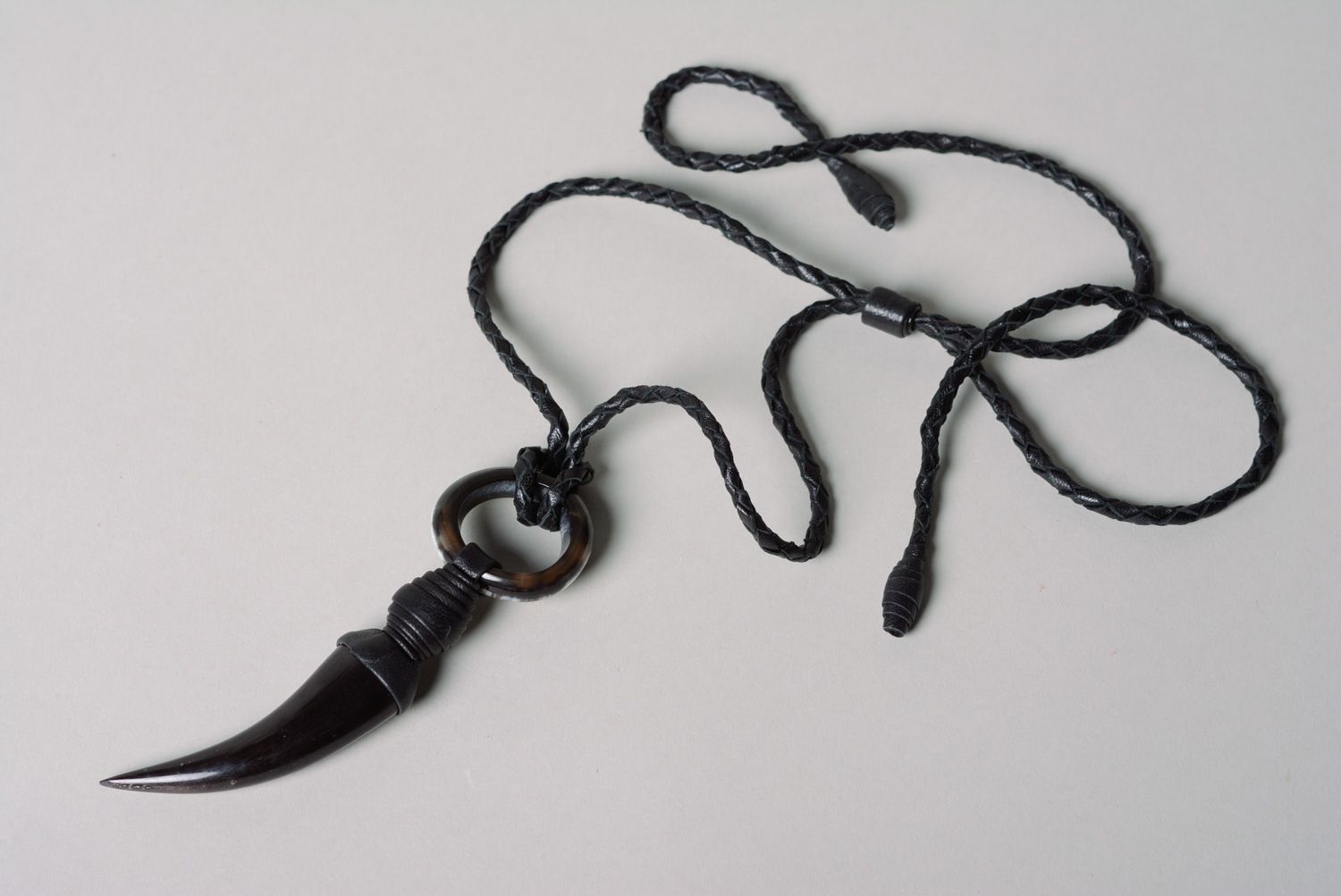 Handmade designer genuine leather and natural cow horn black pendant with cord photo 2