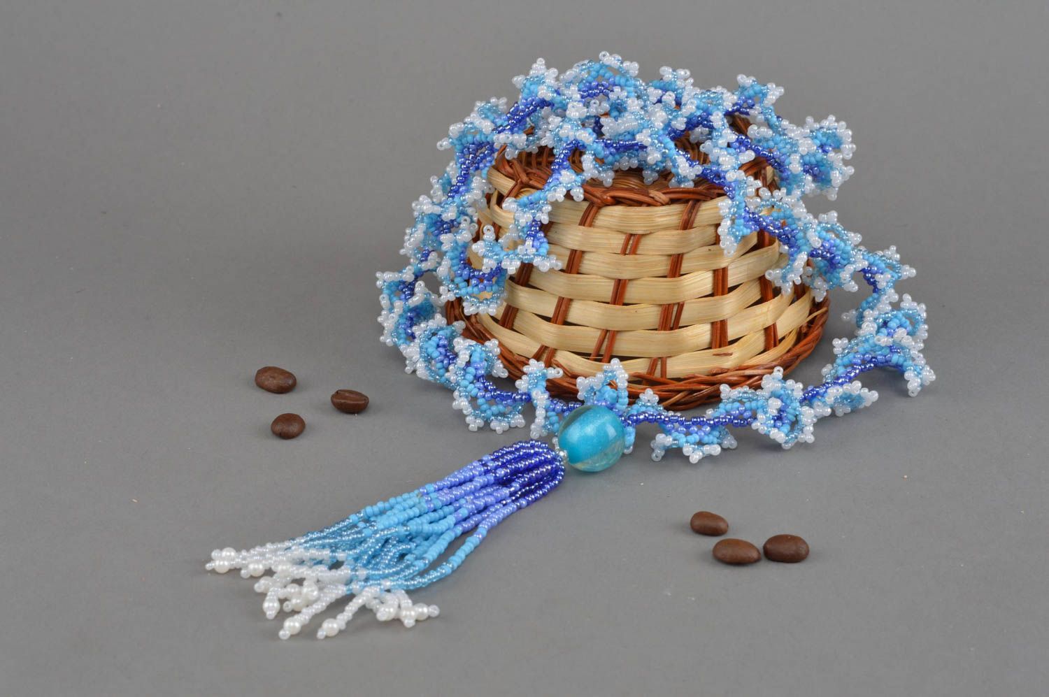 Handmade necklace beaded evening accessory white-blue jewelry foe women photo 1