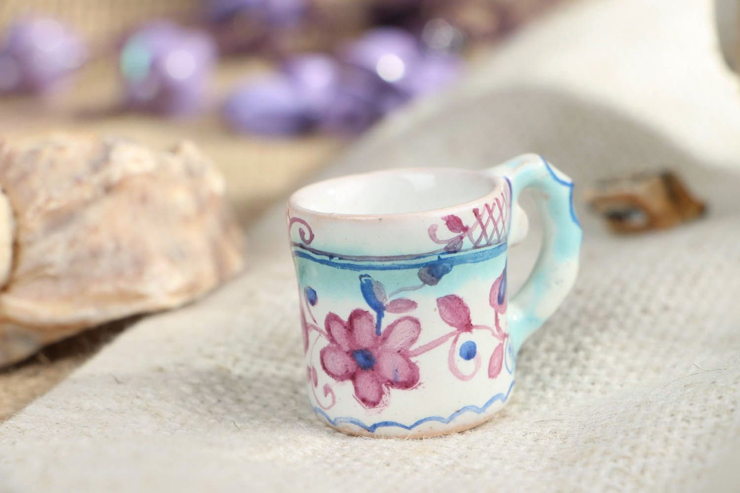 Little 1 oz decorative table cup figurine with blue and cherry colors photo 5