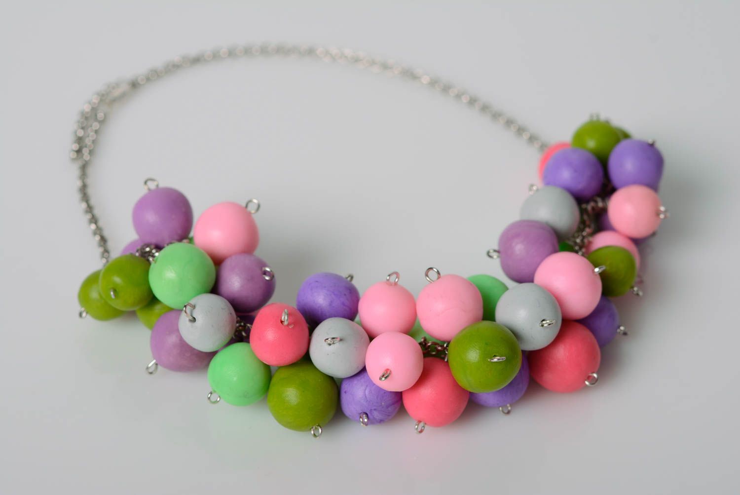 Handmade summer colorful polymer clay bead necklace on metal chain for women photo 1
