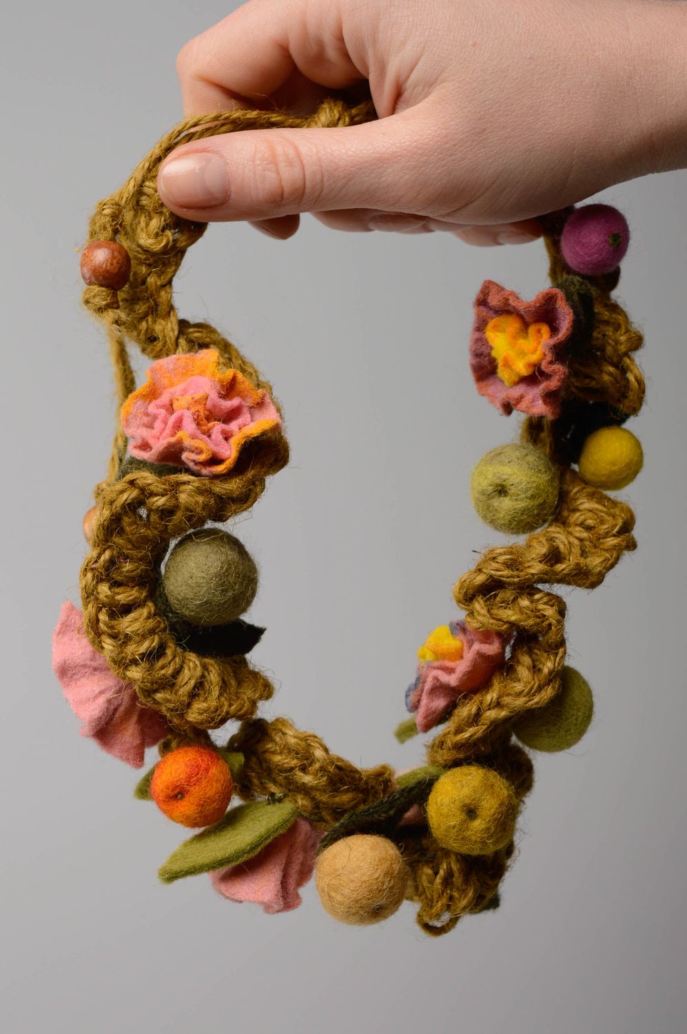 Crochet necklace with beads made using wool felting technique  photo 5