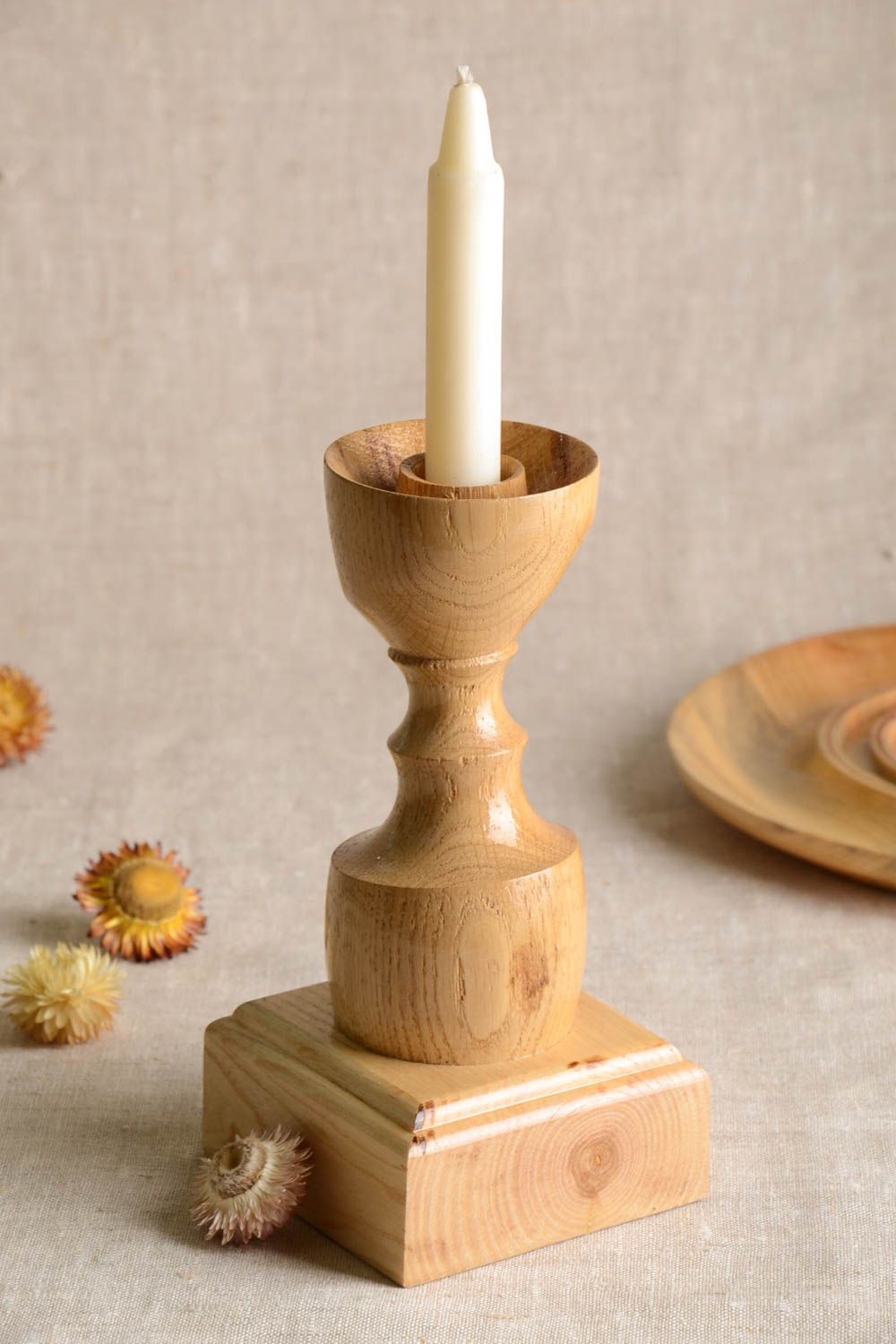 Wooden handmade single candlestick holder 8,27 inches, 1,28 lb photo 1