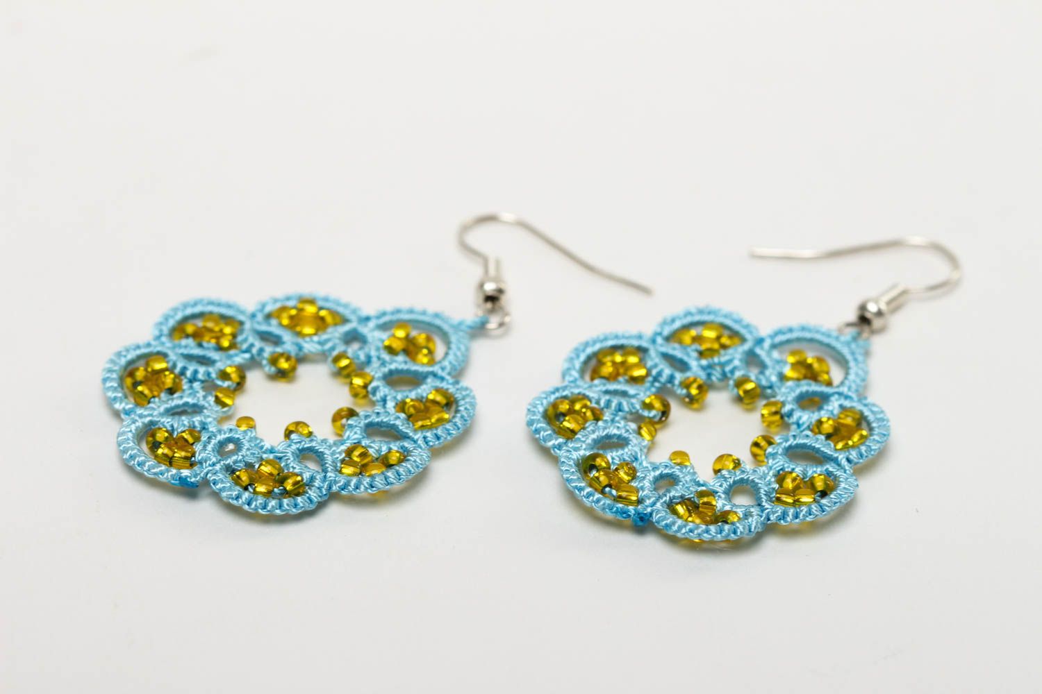 Blue handmade tatting earrings woven textile earrings accessories for girls photo 3