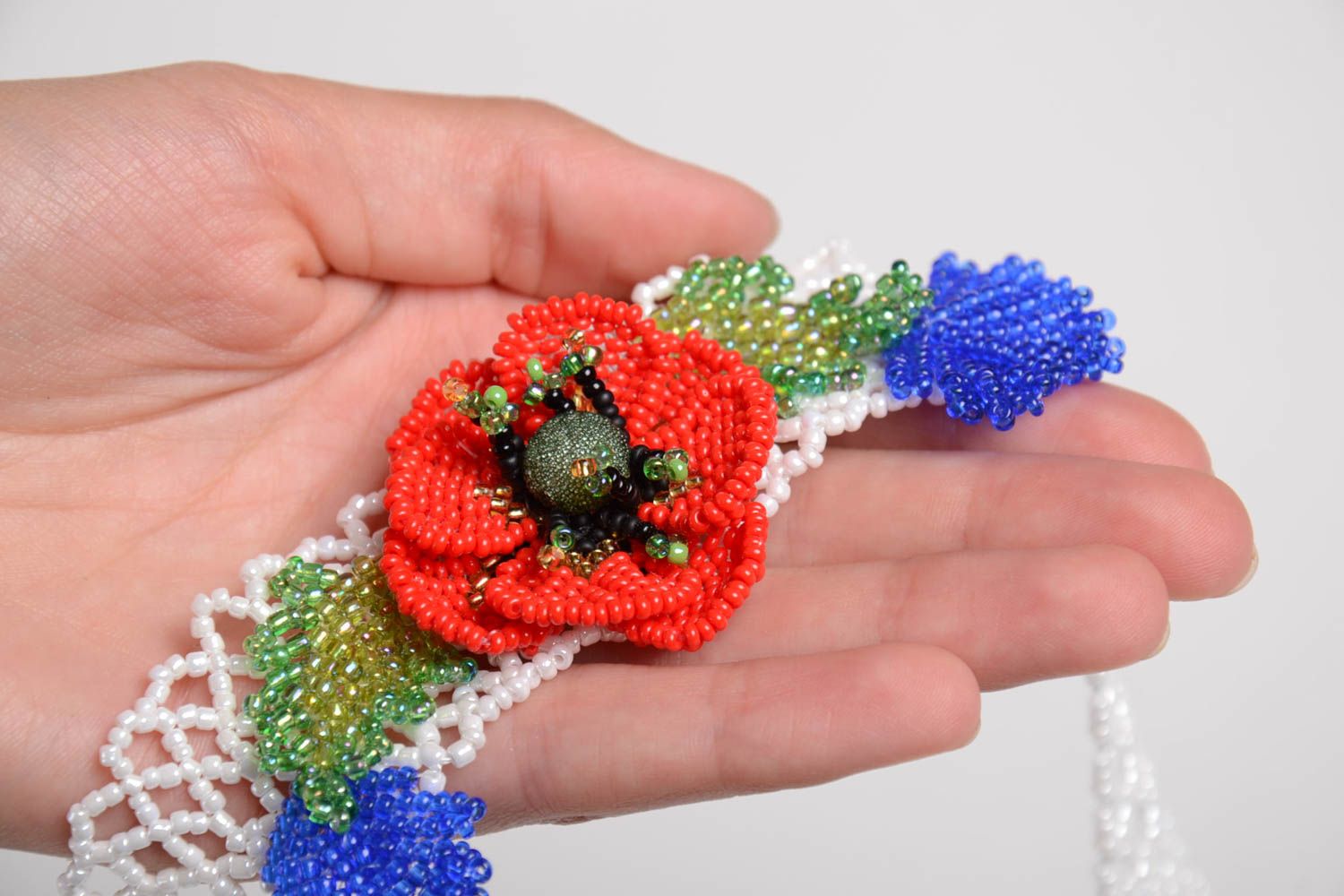 Handmade woven necklace beaded unusual jewelry stylish accessory with flower photo 3