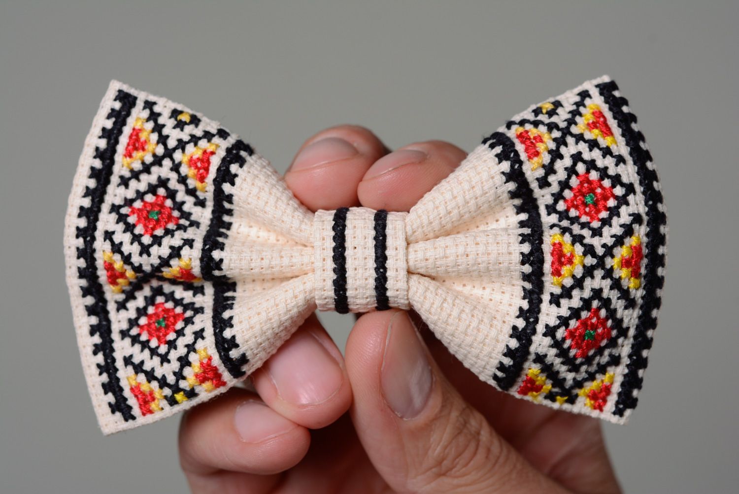Handmade ethnic white bow tie with traditional cross stitch embroidery for men photo 4