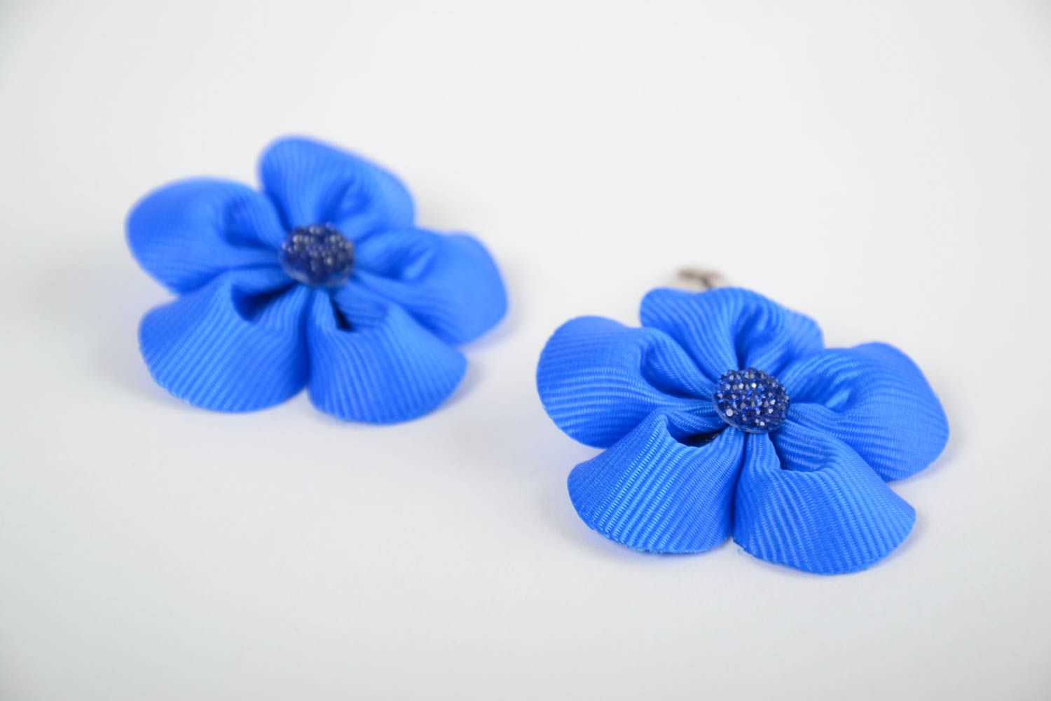 Set of handmade designer decorative hair clips with bright blue kanzashi flowers photo 5
