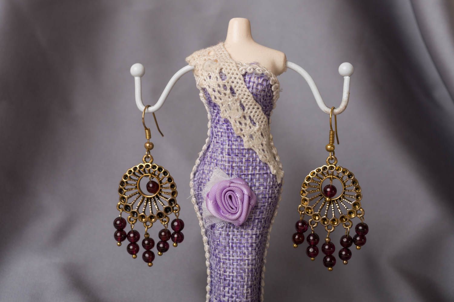 Unusual beautiful handmade metal earrings with natural garnet stone beads photo 1