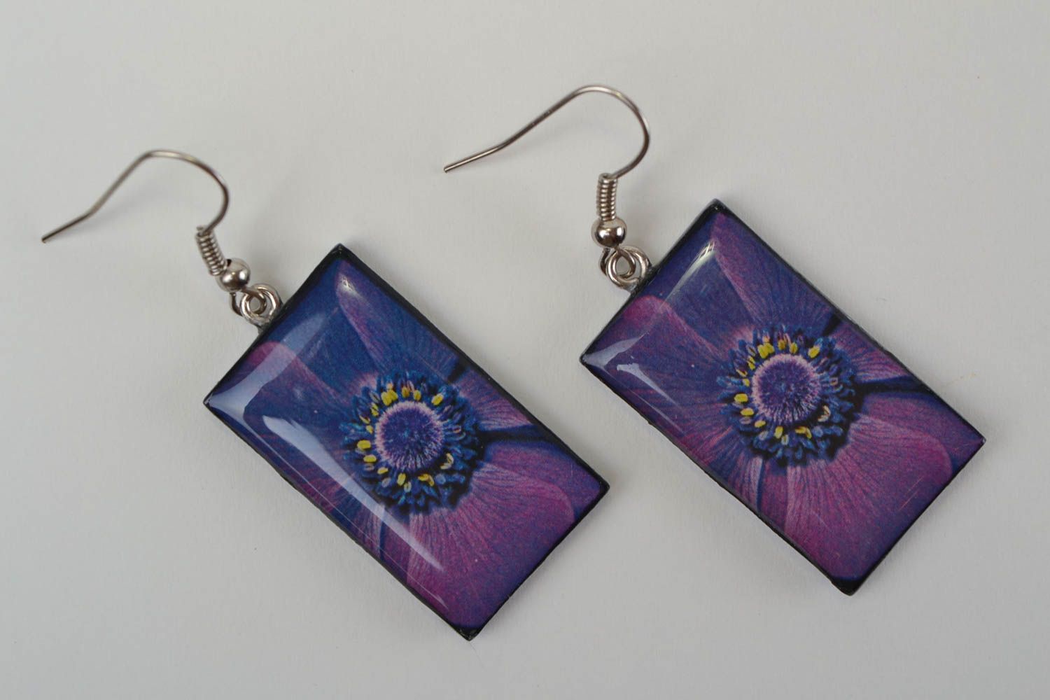 Beautiful handmade rectangular violet plastic earrings with decoupage photo 3