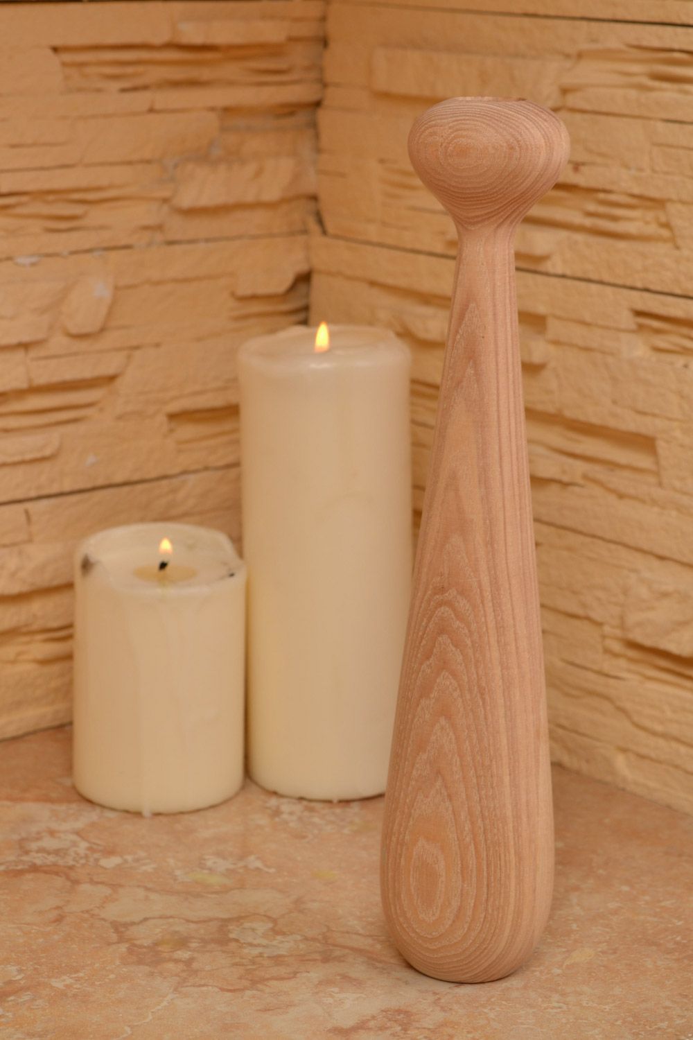 Handmade middle-sized thin candlestick carved of maple wood for one candle photo 1