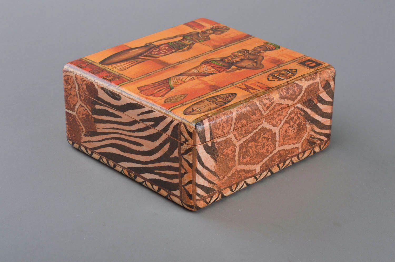 Деревянная шкатулка в технике декупаж ручной работы прямоугольная Африка фото 1